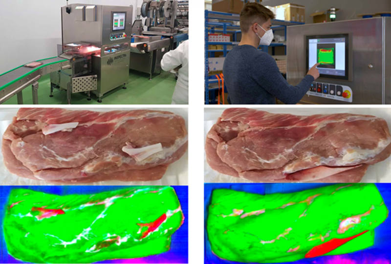 圖 7：Specim FX17 高光譜相機(jī)揭示了肉中隱藏的缺陷，例如蒼白、松軟和滲出 (PSE) 缺陷，以及骨骼和肌腱的缺陷