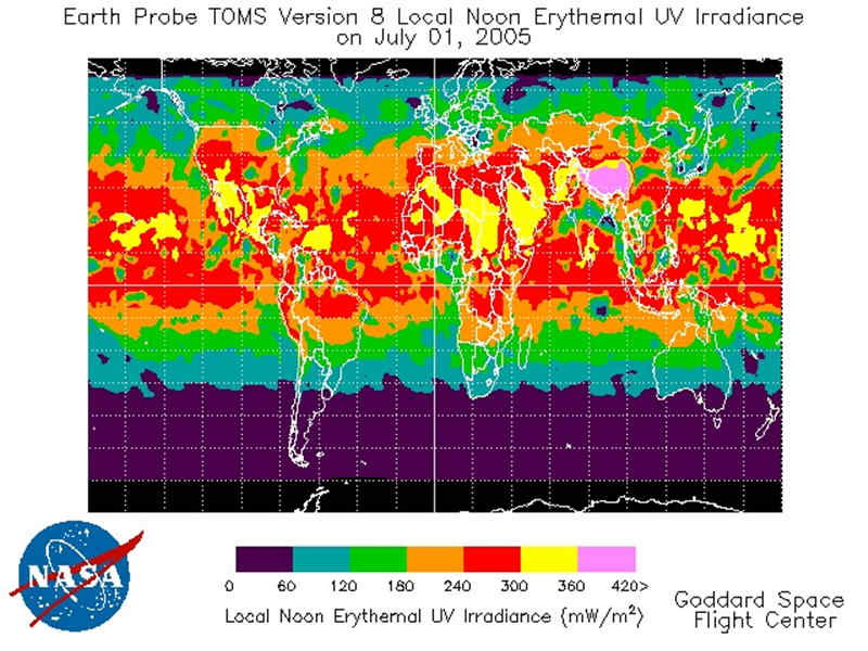 圖2顯示了在一天的1200小時(shí)(中午12:00)測(cè)量的全球紅斑紫外線輻照度水平的示例