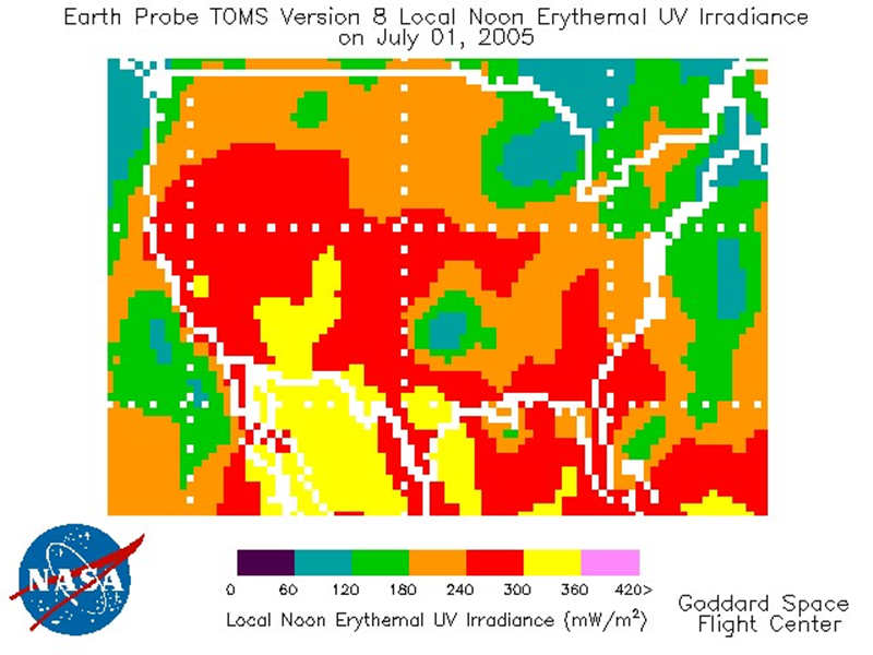 圖3顯示的是2005年7月美國(guó)上空一天的紅斑UV輻照度